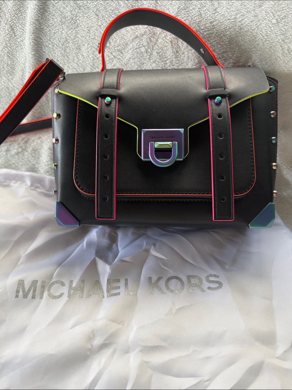Michael Kors Black Satchel with Neon Pink and Lime Trim
